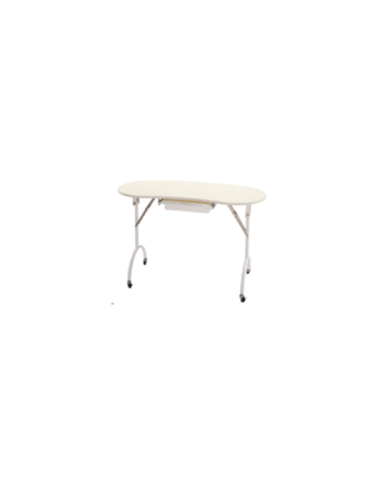 Table manucure pliable blanche en forme de haricot.